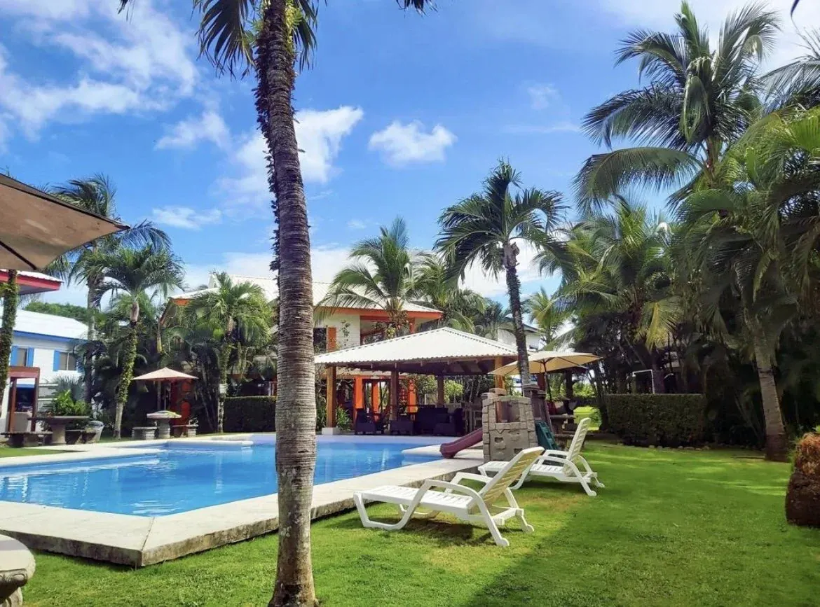 A pool and lounge chairs set in a tropical garden